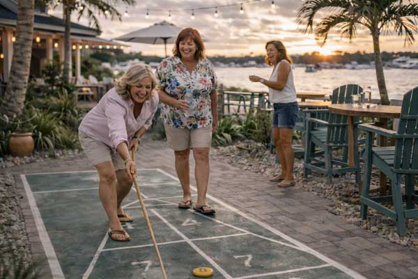 Active adults playing shuffleboard, a fun low-impact recreation activity during a Florida wellness stay.