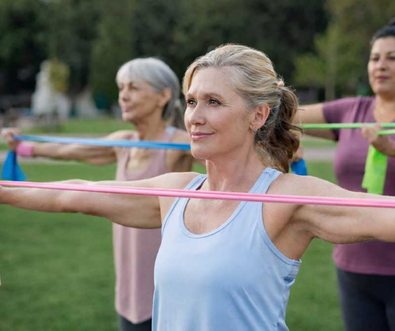 A guided morning mobility session with resistance bands, focused on functional longevity for adults.