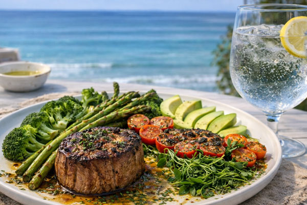 A healthy, anti-inflammatory gourmet meal featuring fresh steak and vegetables for metabolic health.