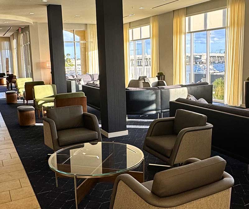 The modern lobby and Bistro area where guests enjoy fresh seasonal meals and quiet reflection.